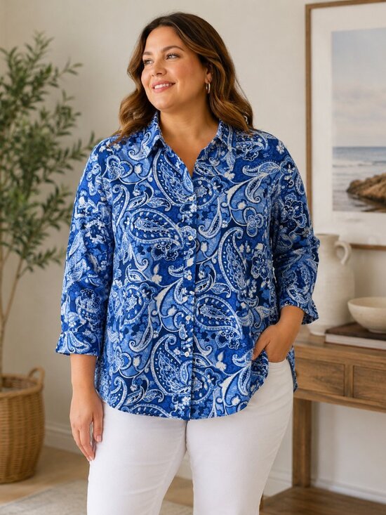 Lauren Ralph Lauren Tops - Lauren Ralph Lauren Womens 2X Blue Paisley Boho Cotton Button Front Shirt 1335